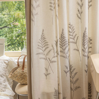 Fern of Eden Embroidered Leaf Linen Cotton Blend Curtain