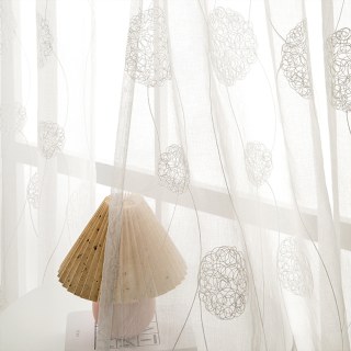 Dancing Pom Pom Embroidered Ivory White Sheer Curtain